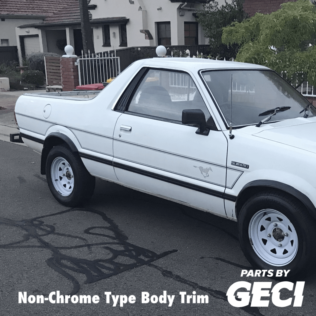 Subaru Brumby/Brat/Leone Body Trim Clip (Non-Chrome Type) installed on a classic white vehicle.